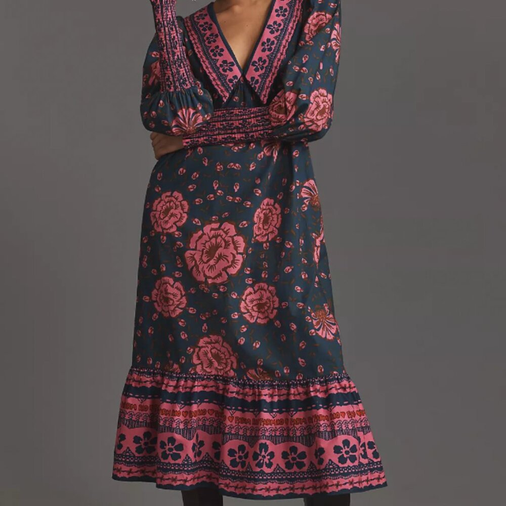 Farm Rio x Anthropologie Puff-Sleeve V-Neck Midi Dress XL NWT